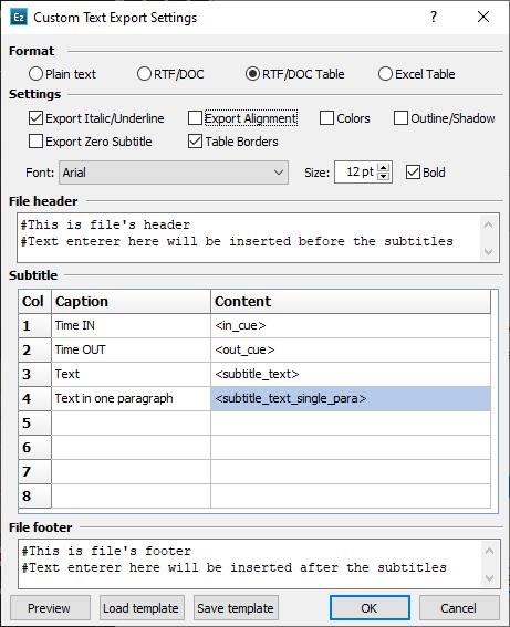  Custom RTF, DOC or DOCX with tables configuration 