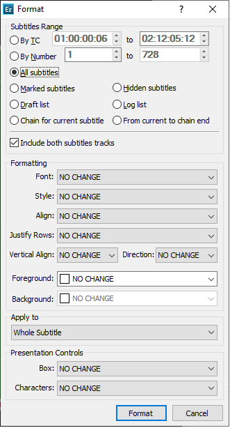  Format Subtitles dialog