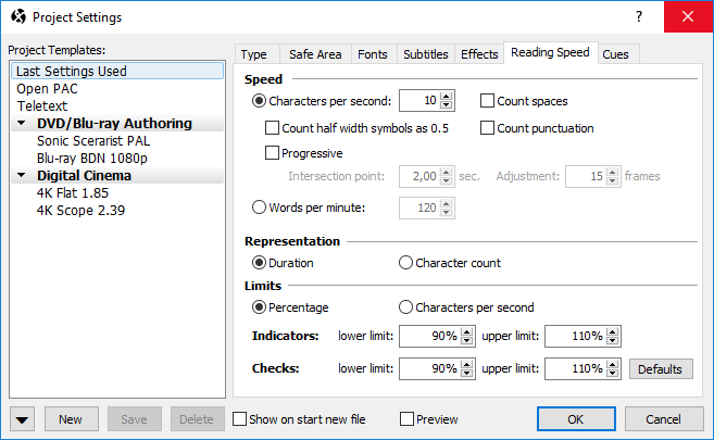  Project Properties – Reading Speed Page